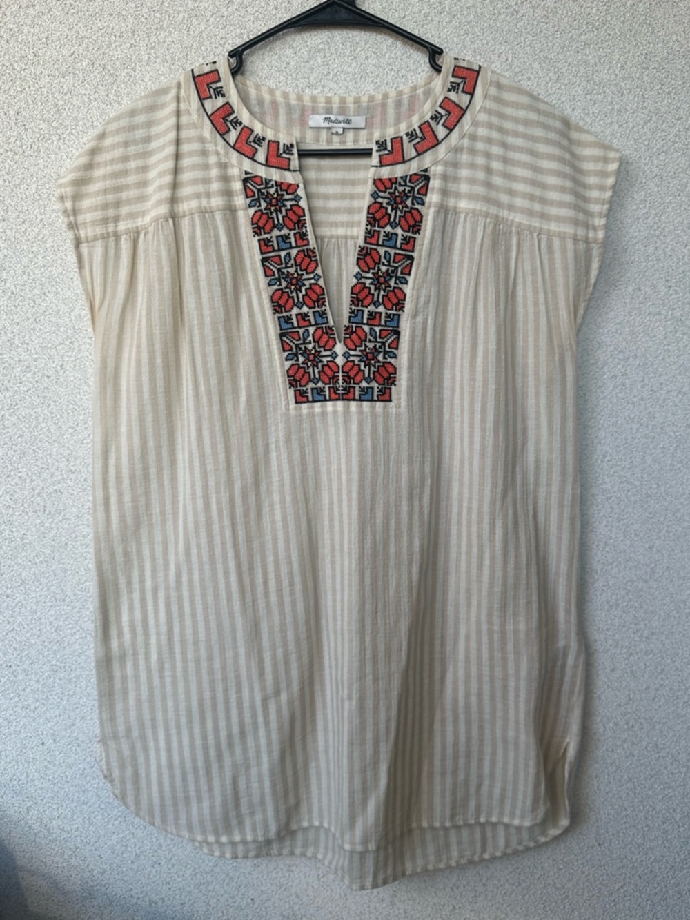 Madewell Cream Striped Embroidered Tunic with Coral and Black Accents